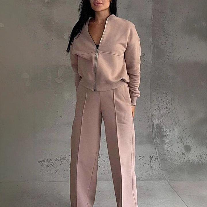 Women's Zipper Jacket Wide Leg Pants Two-piece Set-Suits & Sets-Zishirts