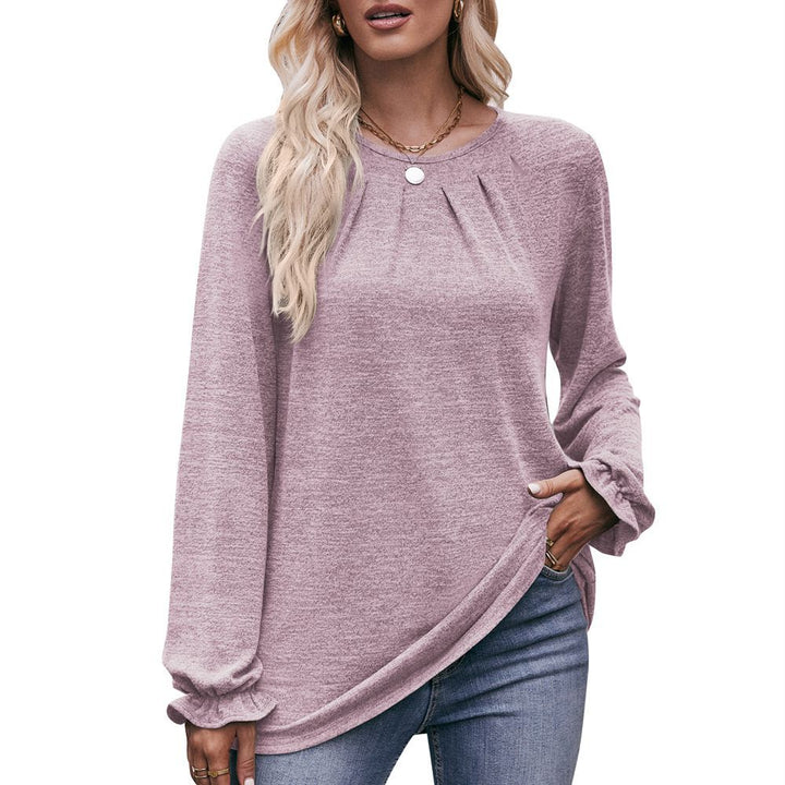 Autumn Women's Casual Round Neck Pleated Brushed T-shirt Long Sleeve Top-Blouses & Shirts-Zishirts