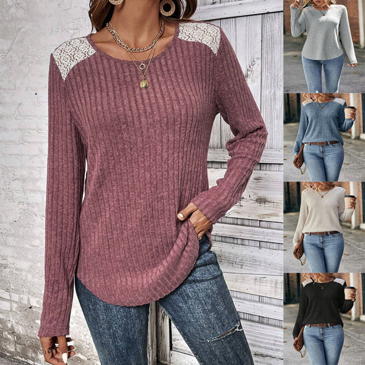 Women's Fashionable Round Neck Sunken Stripe Brushed Lace Long-sleeved Top-Sweaters-Zishirts