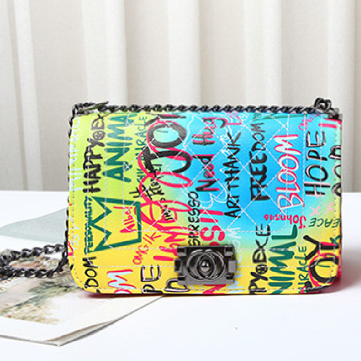 Fashion Printed Letter Graffiti Bag Diamond Chain-Women's Bags-Zishirts