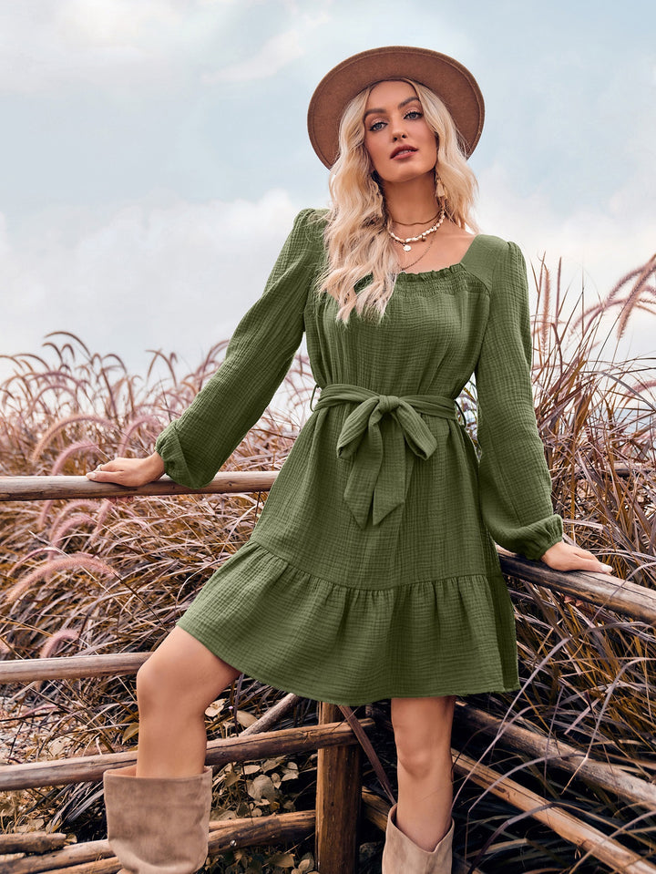 Solid Color U-shaped Collar Waist-controlled Long Sleeves Fashion Dress Women-Lady Dresses-Zishirts