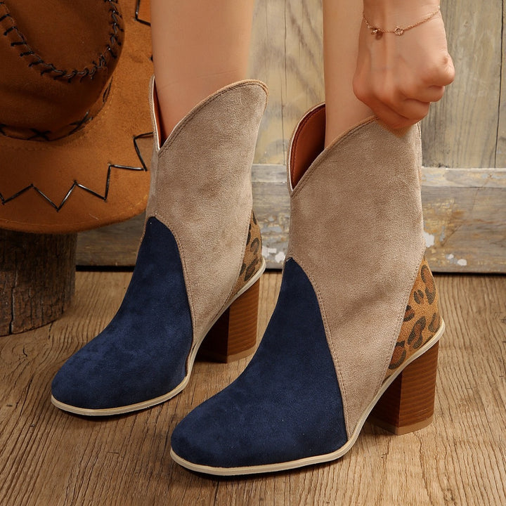 Fashion Splicing Suede Boots Retro Pointed-toe Square High Heel Mid-calf Boots For Women Fall And Winter Shoes-4-Zishirts