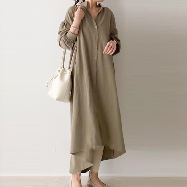 Fall New Loose Cotton And Linen Shirt Dress-Lady Dresses-Zishirts