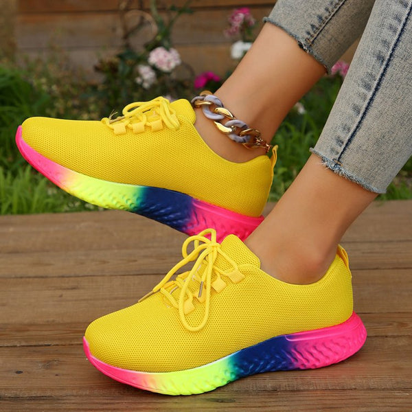 Lace-up Mesh Shoes With Rainbow Sole Design Fashion Walking Running Sports Shoes Sneakers For Women-Womens Footwear-Zishirts