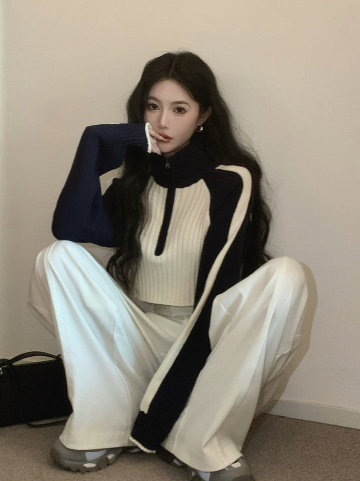 Sweet Cool Korean Style Women's Contrast Color Sweater Autumn And Winter New High Waist Raglan Sleeve Zipper Short Sweater-Sweaters-Zishirts