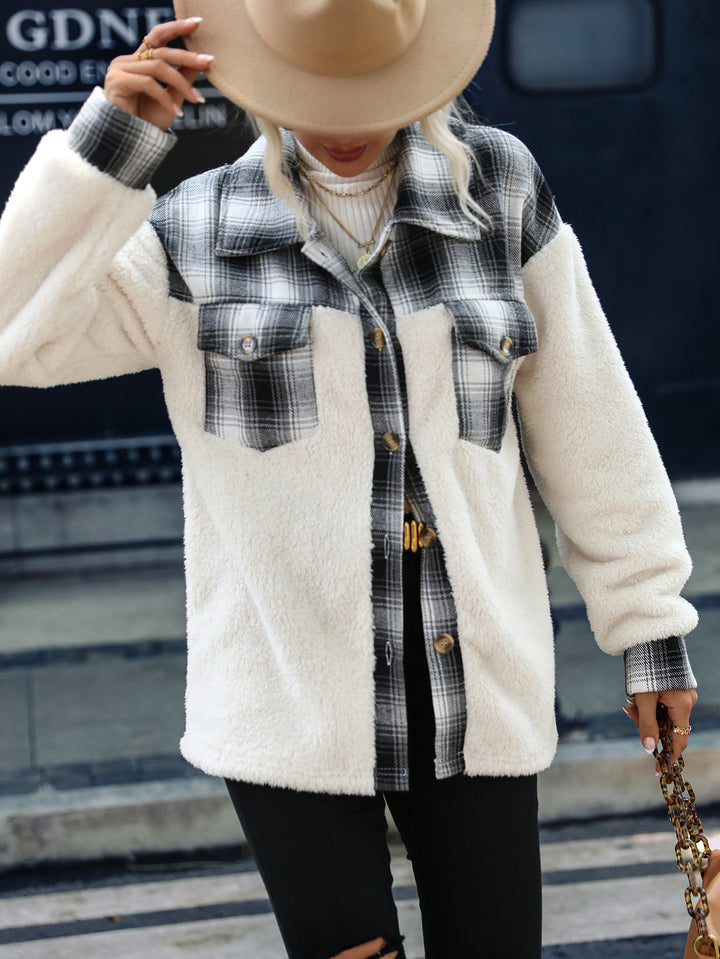 Long Sleeve Plaid Lapel Plush Coat-Jackets-Zishirts