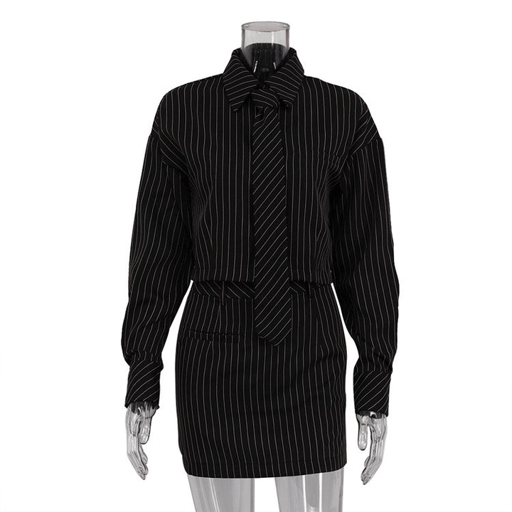 Striped Long Sleeve Tie Shirt Outfit Package Hip Skirt Two-piece Set-Suits & Sets-Zishirts