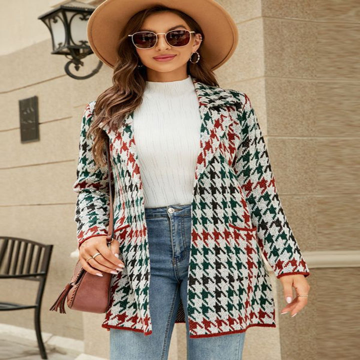 Long Sweater Contrast Houndstooth Knit Cardigan Trench Coat-Jackets-Zishirts