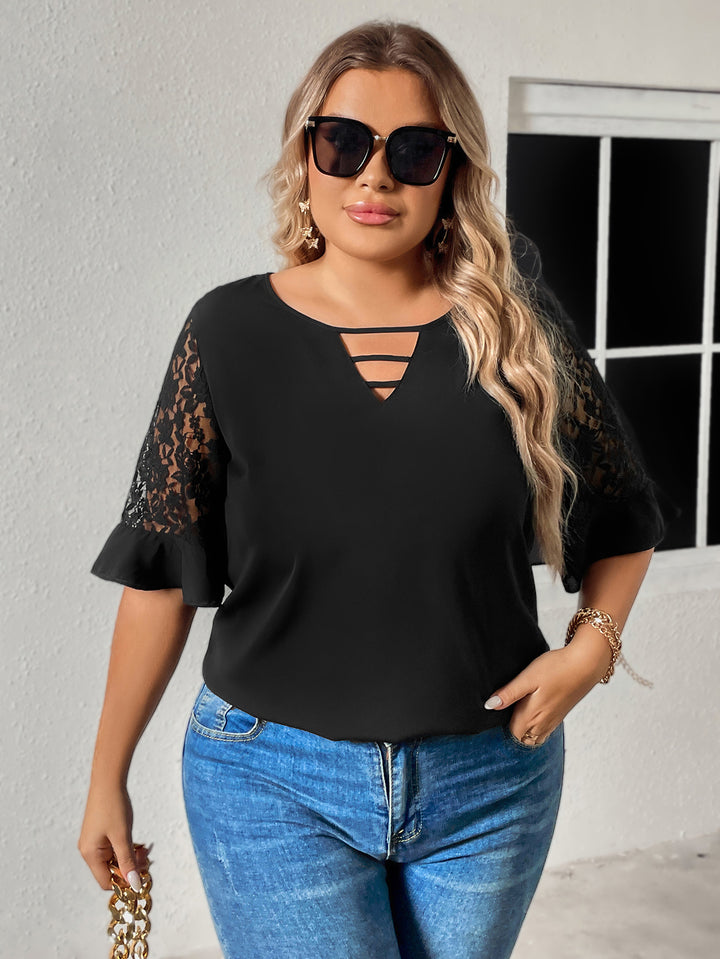 Women's Loose Pullover V-neck Lace Short-sleeved Top-Blouses & Shirts-Zishirts