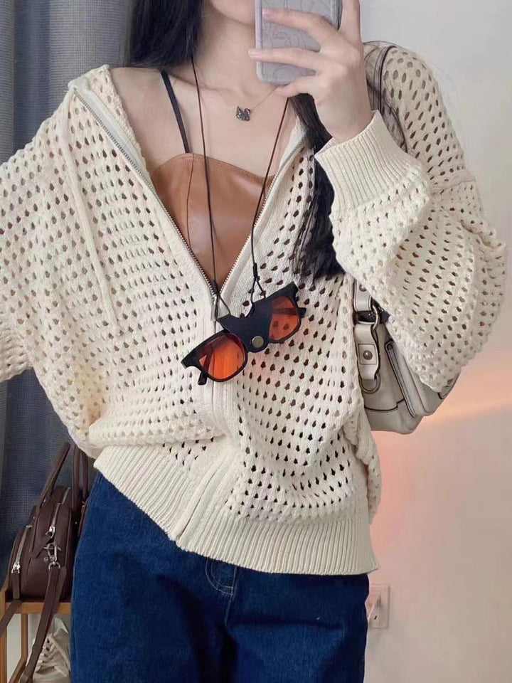 Women's Hollow-out Design Hooded Outwear Blouse Knitted Cardigan-Sweaters-Zishirts