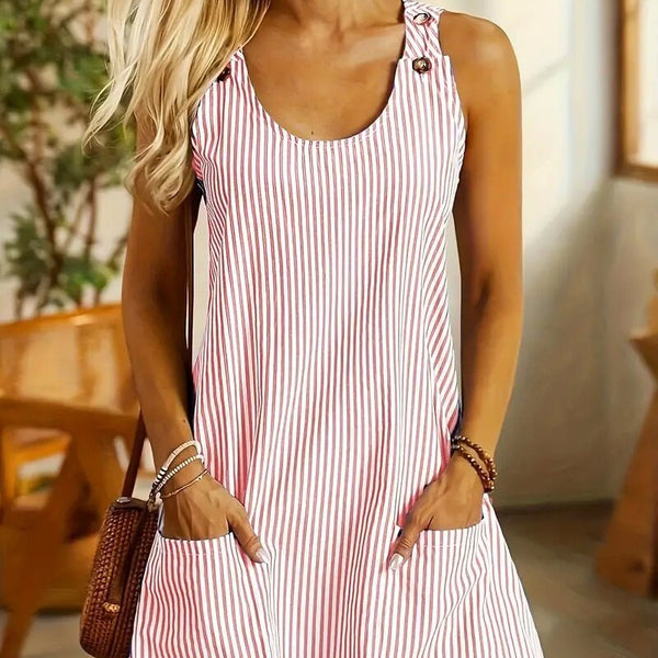 Round Neck Pocket Striped Overall Button Casual Jumpsuit Skirt-Women's Outerwear 2023-Zishirts