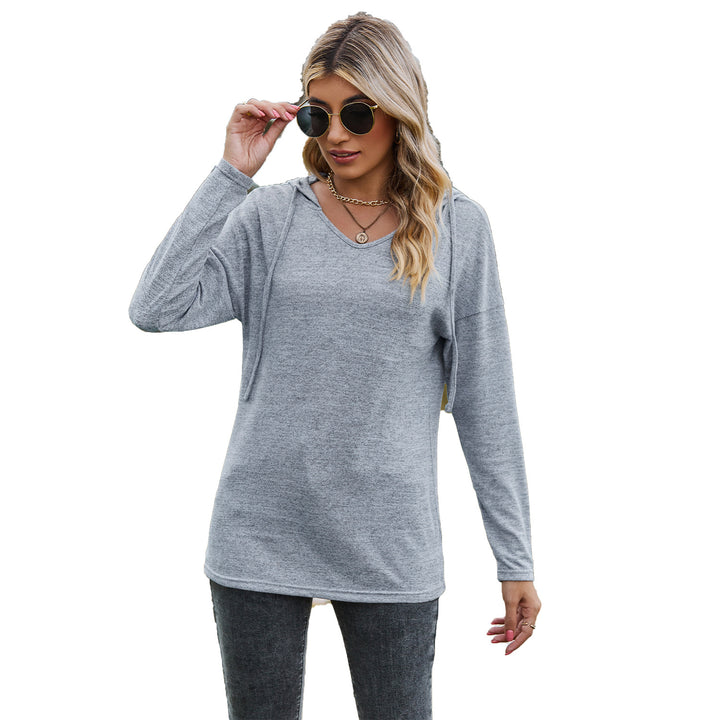 Solid Color And V-neck Hooded Long-sleeved Casual Bottoming T-shirt-Blouses & Shirts-Zishirts