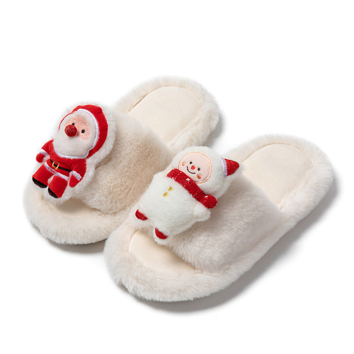 Christmas Shoes Ins Santa Claus Open-toe Cotton Slippers Winter Home Indoor Floor Plush Warm Furry Slippers Women-Womens Footwear-Zishirts