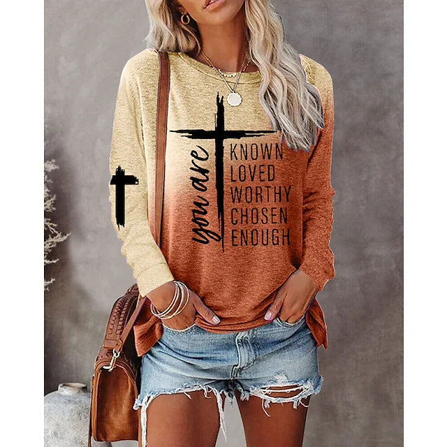 Gradient Text Printing Long Sleeve Round Neck Top-Blouses & Shirts-Zishirts