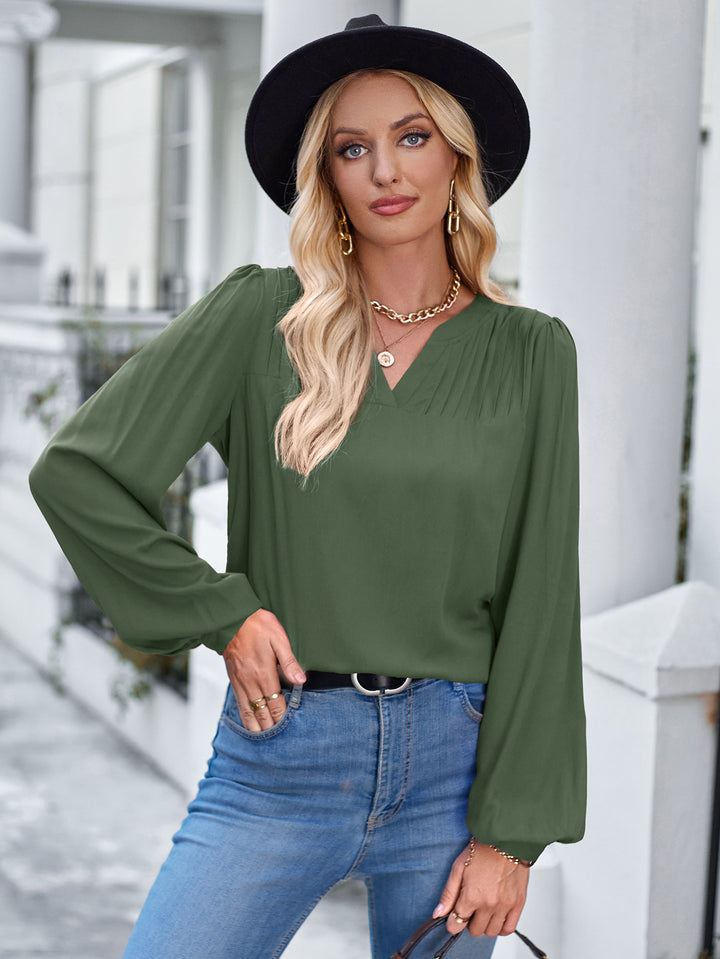 European And American Leisure V-neck Slim-fit Solid Color Trendy Long-sleeve Shirt-Blouses & Shirts-Zishirts