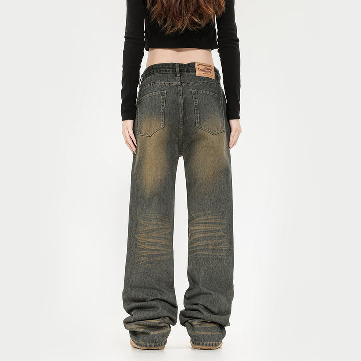 Retro Washed Ripped Jeans Straight American High Street Jeans-Woman Jeans-Zishirts