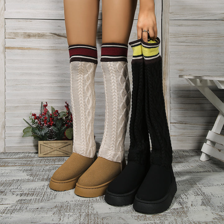 Winter Over-the-knee Boots With Long Knitted Sock Design Fashion Flat Thick-soled Shoes For Women Casual Warm Long Boot-4-Zishirts