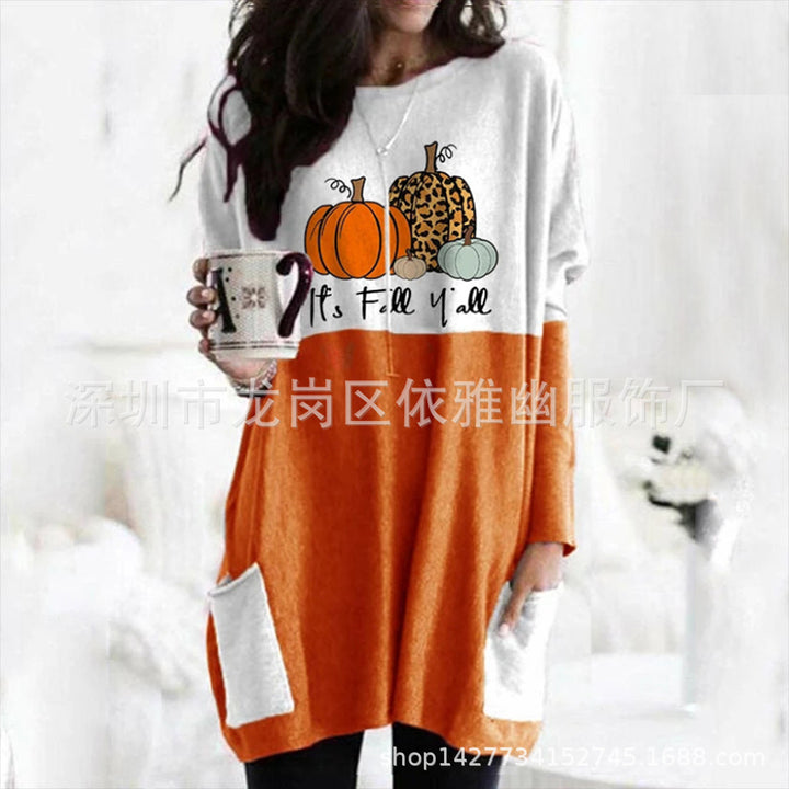 Pumpkin Halloween Pocket Long Sleeve Dress-Suits & Sets-Zishirts