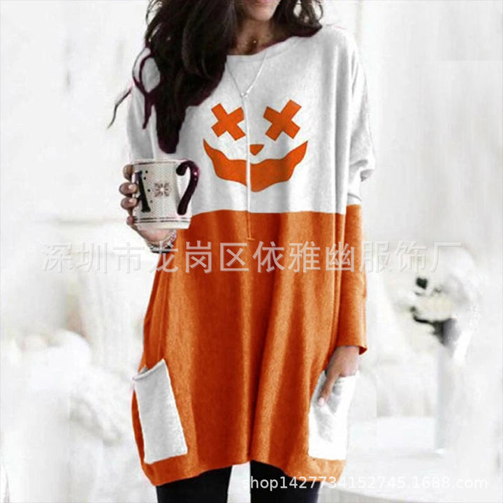 Pumpkin Halloween Pocket Long Sleeve Dress-Suits & Sets-Zishirts