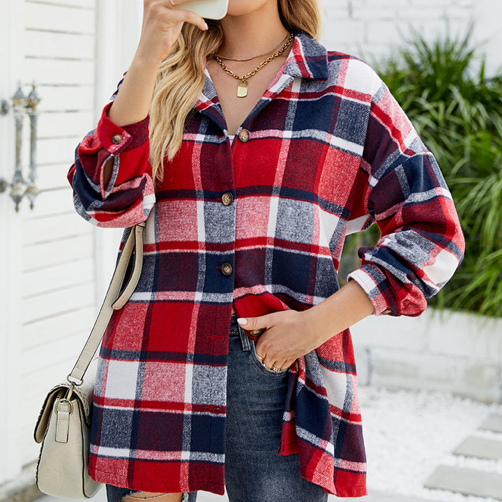 Women's Long-sleeved Plaid Shirt Mid-length Woolen Coat-Blouses & Shirts-Zishirts