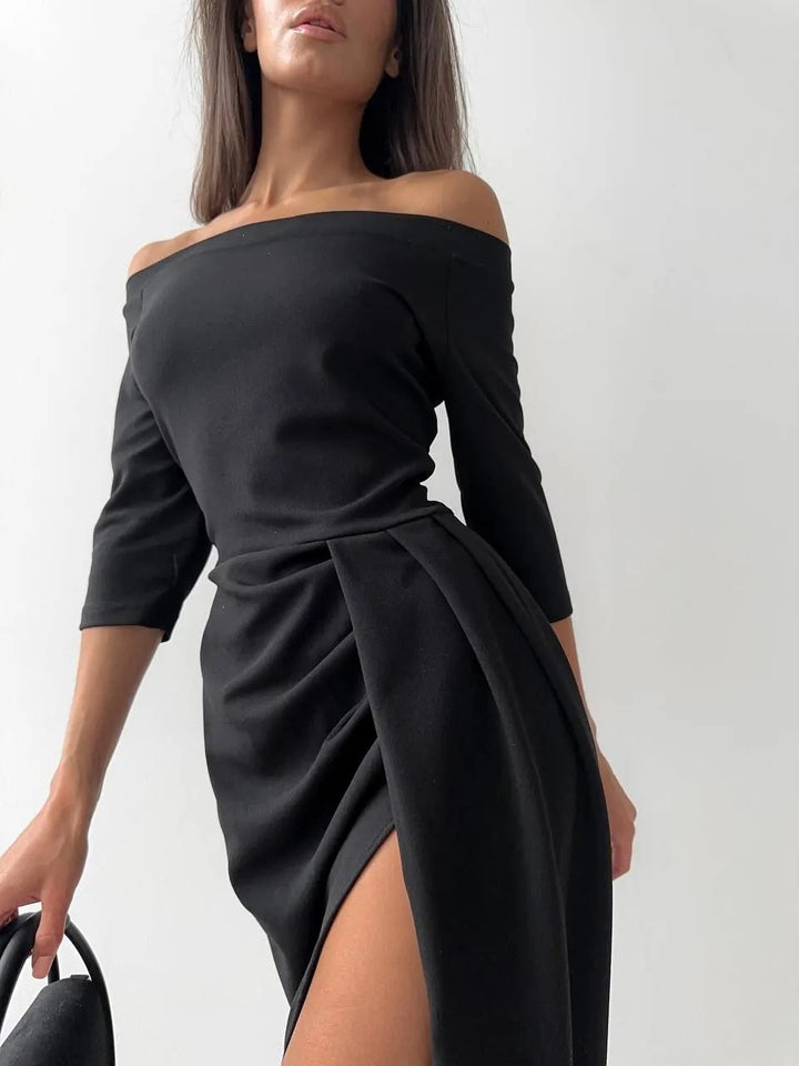 Women's Off-neck Long Sleeve Waist Slit Dress-Lady Dresses-Zishirts