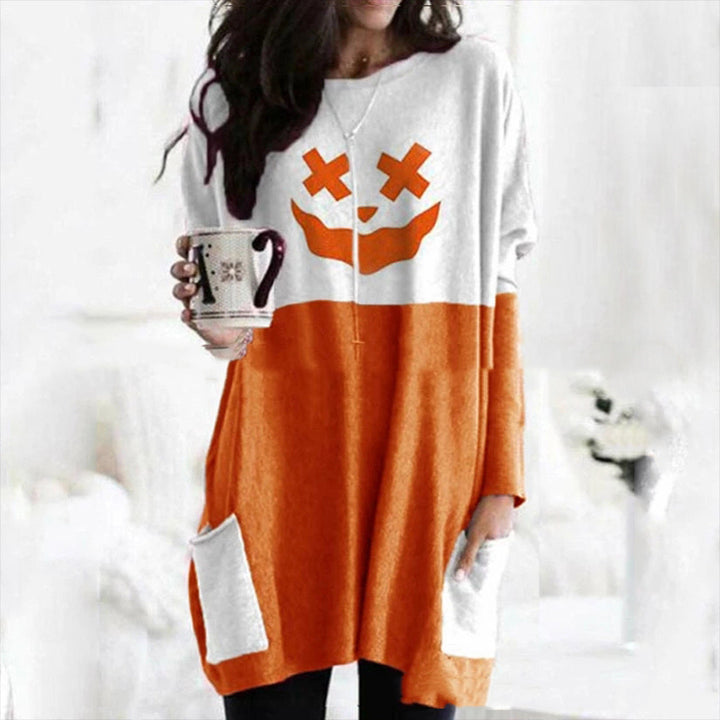 Pumpkin Halloween Pocket Long Sleeve Dress-Suits & Sets-Zishirts