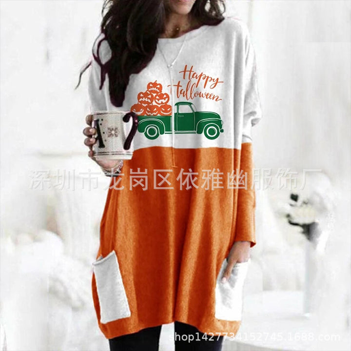 Pumpkin Halloween Pocket Long Sleeve Dress-Suits & Sets-Zishirts