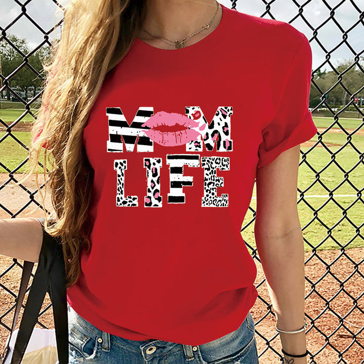 Mother's Day MOM LIFE Leopard Print Lip Printings Round Neck Short Sleeve T-shirt-Blouses & Shirts-Zishirts