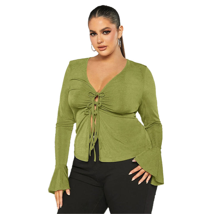 Women's Slim-fit Lace Up V-neck Knitted Long Sleeves Shirt-Blouses & Shirts-Zishirts