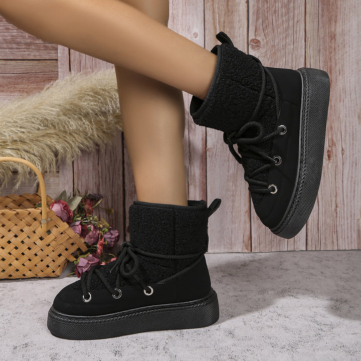 Fashion Lace-up Snow Boots Winter Flat Thick-soled Height-enhancing Cotton Shoes For Women Casual Warm Short Boot-Womens Footwear-Zishirts