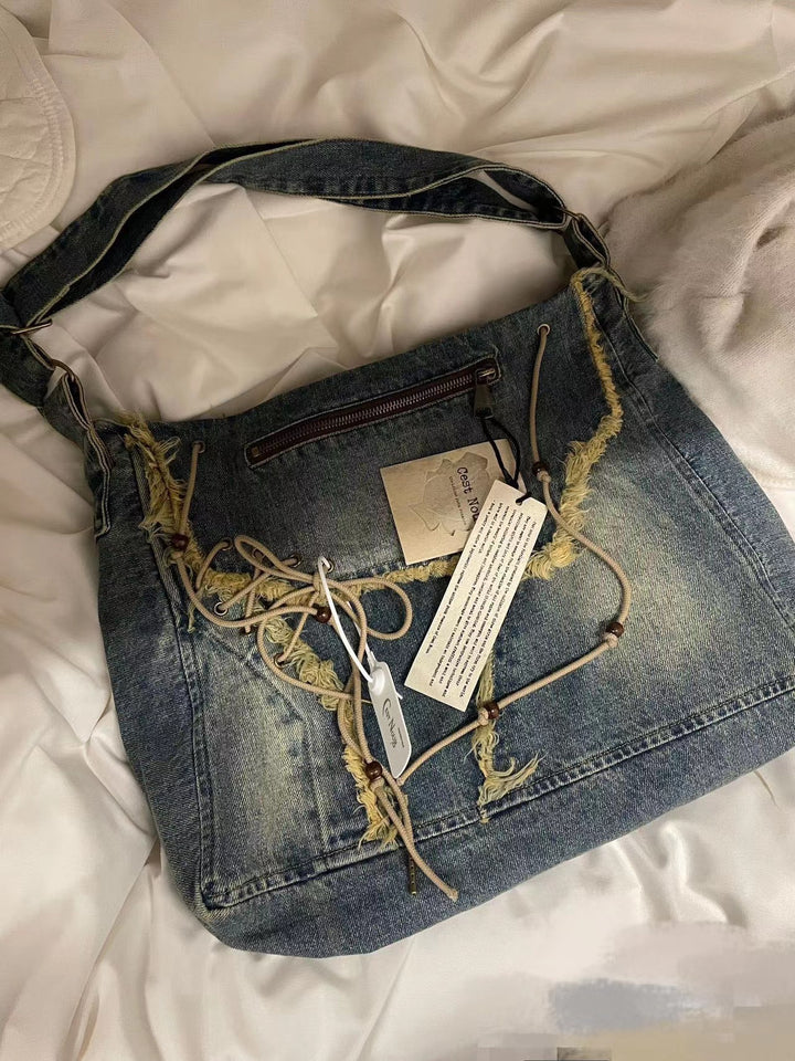 Vintage Denim Washed Brushed Tassel Messenger Bag-Women's Bags-Zishirts