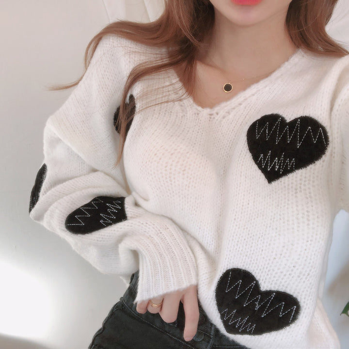 Women's V-neck Heart-shaped Embroidered Sweater Top-Womens 2024 March-Zishirts