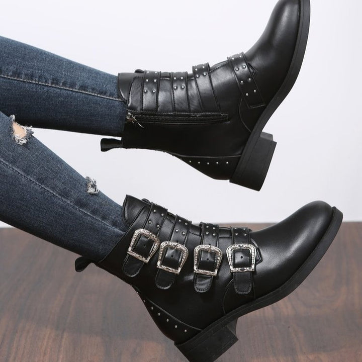 Women's Fashion Belt Buckle Flat Heel Mid-calf Chunky Heel Round Head Dr Martens Boots-Womens Footwear-Zishirts