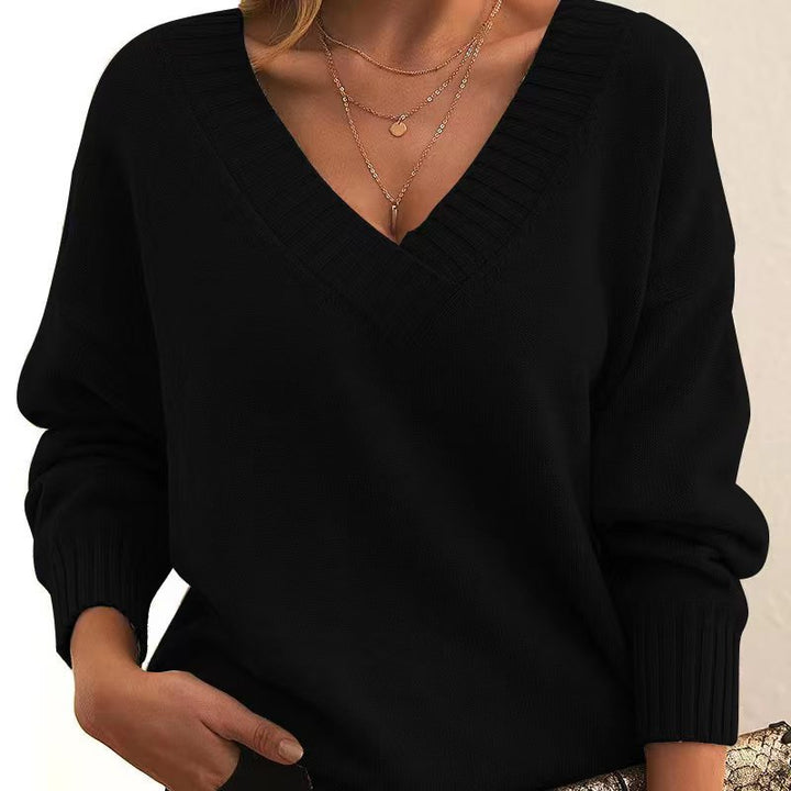 New Knitted Pullover Top For Women Loose V-neck Casual All-matching Sweater-Sweaters-Zishirts