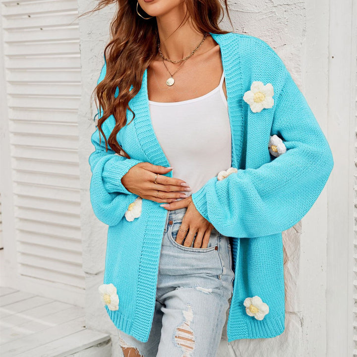 Women's Fashion Casual Flower Cardigan Lantern Sleeve Sweater Coat-Sweaters-Zishirts