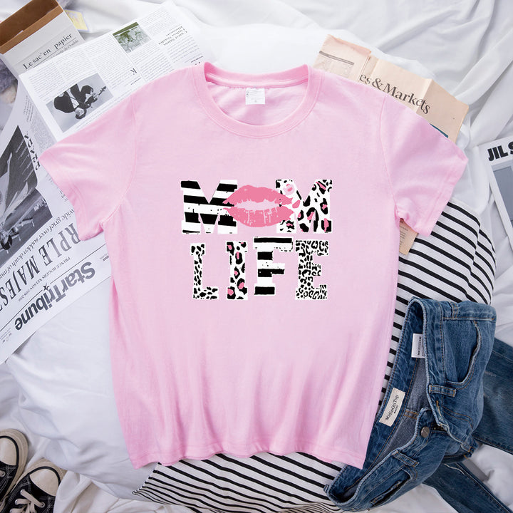 Mother's Day MOM LIFE Leopard Print Lip Printings Round Neck Short Sleeve T-shirt-Blouses & Shirts-Zishirts