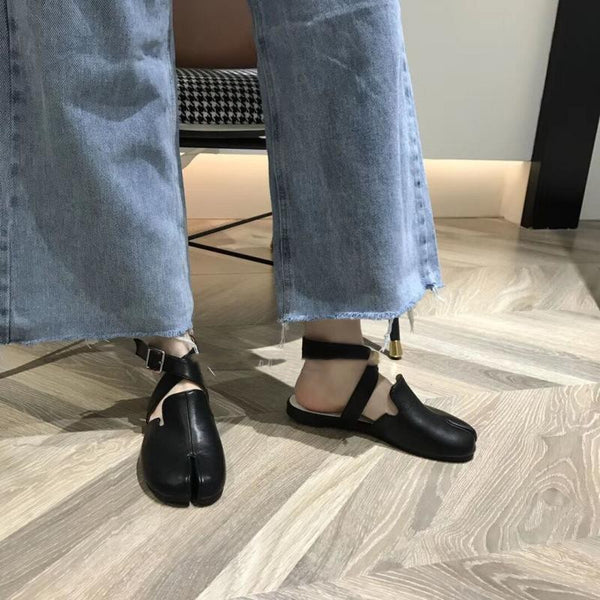 Niche Split Toe Pig's Knuckle Half Slippers Leather Beef Tendon Soft Sole Shoes-Womens Footwear-Zishirts