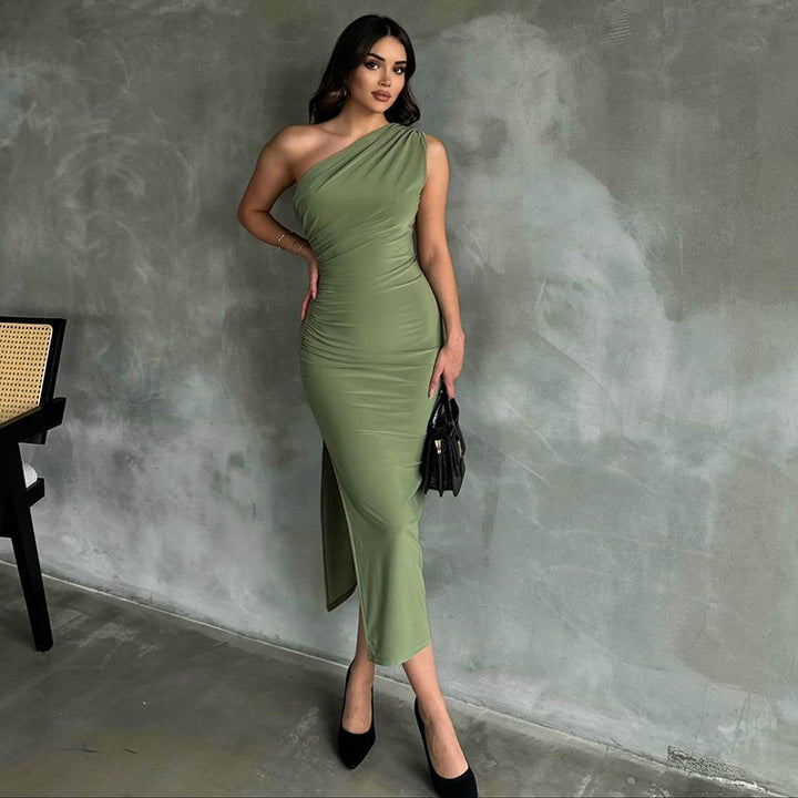 One-shoulder Sleeveless Pleated Slit Dress-Lady Dresses-Zishirts