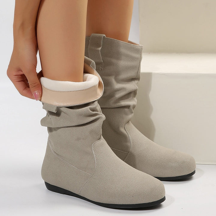 Round Toe Flat Boots Fashion Solid Color Suede Mid-calf Boot Winter Warm Shoes For Women-Womens Footwear-Zishirts