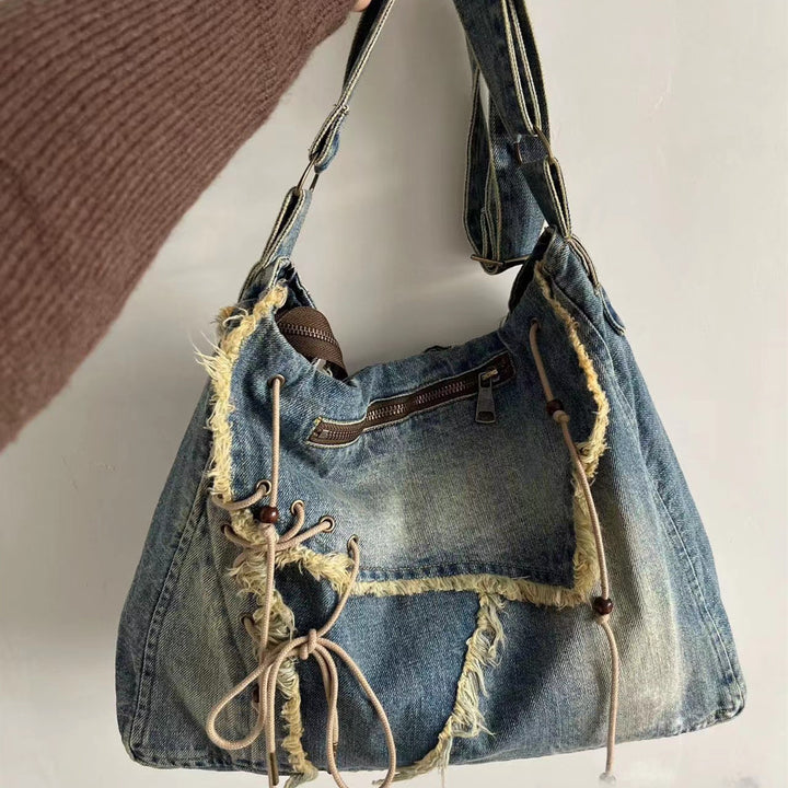 Vintage Denim Washed Brushed Tassel Messenger Bag-Women's Bags-Zishirts