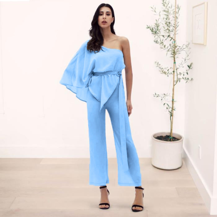 Women's One-shoulder Sleeve Jumpsuit Slim Trousers-Suits & Sets-Zishirts