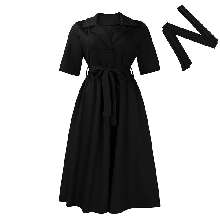 Short Sleeve Suit Collar Strap Solid Color Dress-Lady Dresses-Zishirts