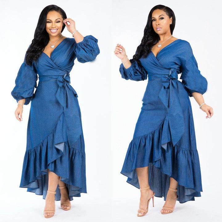 Ruffled Lantern Sleeves V-neck Denim Dress-Womens 2024 March-Zishirts