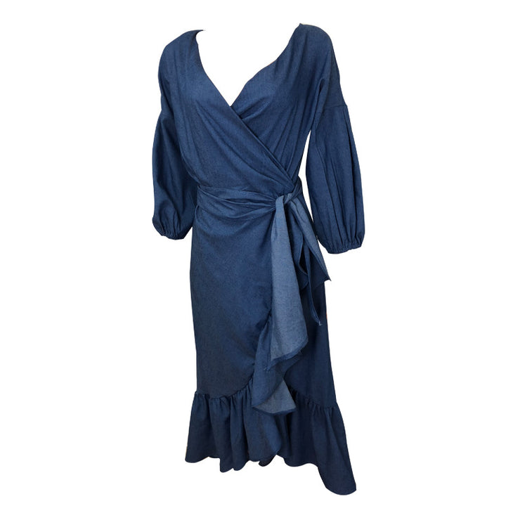 Ruffled Lantern Sleeves V-neck Denim Dress-Womens 2024 March-Zishirts