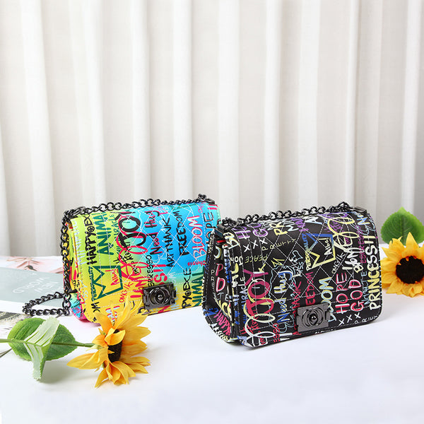 Fashion Printed Letter Graffiti Bag Diamond Chain-Women's Bags-Zishirts