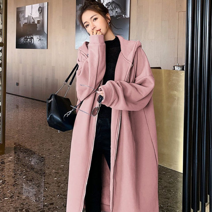 Loose-fitting Plus Size Pullover Hooded Fleece-lined Thickened Long Section Zipper Hong Kong Style Cardigan Dress-Women's Outerwear 2023-Zishirts