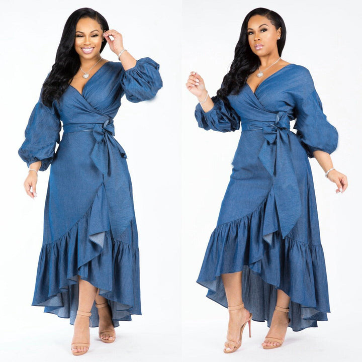 Ruffled Lantern Sleeves V-neck Denim Dress-Womens 2024 March-Zishirts