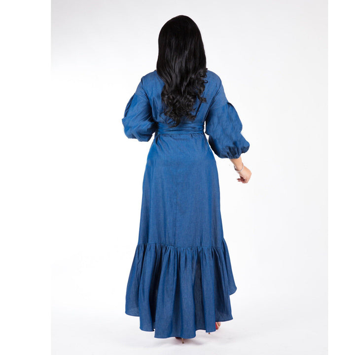 Ruffled Lantern Sleeves V-neck Denim Dress-Womens 2024 March-Zishirts