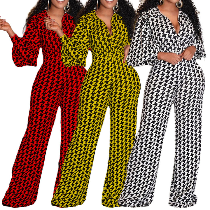 Women's Fashion V-neck Puff Sleeve Waist Trimming Printing Jumpsuit-Suits & Sets-Zishirts