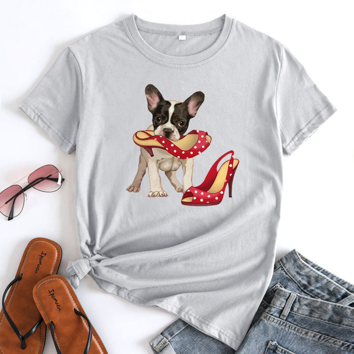 Loose And Cute Dog Print Pure Cotton Round Neck Short Sleeves-Blouses & Shirts-Zishirts